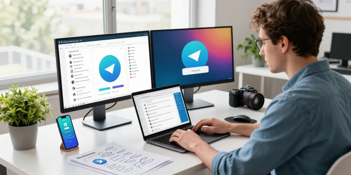 Utilizing Telegram Web Version in a modern workspace with vibrant tech elements.