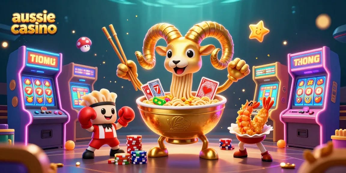 Aussie casino scene with a golden ramen bowl dealer, vibrant slot reels, and colorful arcade machines.