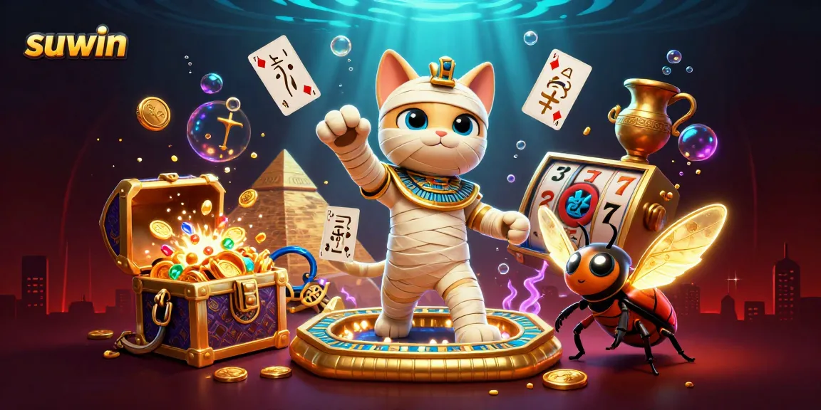 Suwin offers an enchanting casino experience with a cartoon mummy cat and treasures in a vibrant scene.
