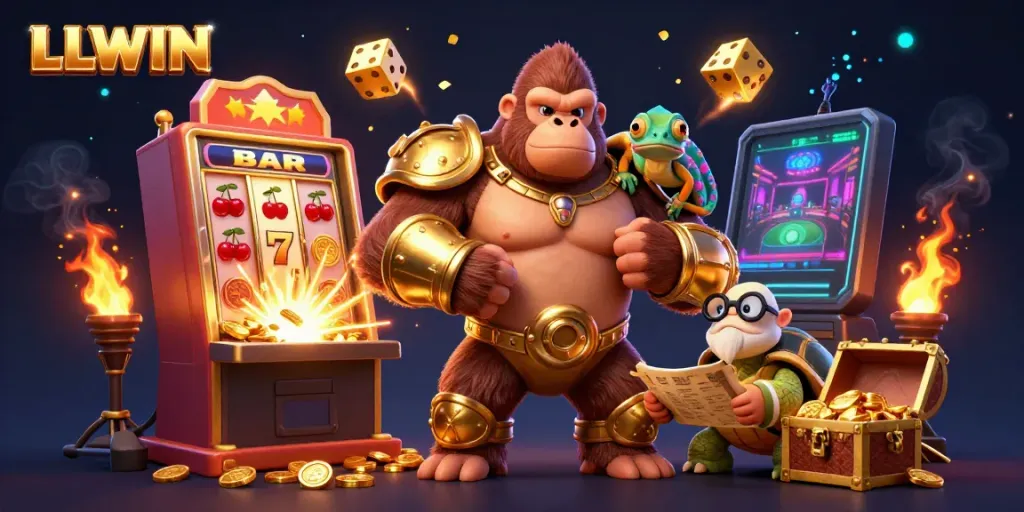 Experience the thrill at LLWIN with a dynamic 3D casino scene featuring a gorilla king, chameleon spy, and tortoise elder.