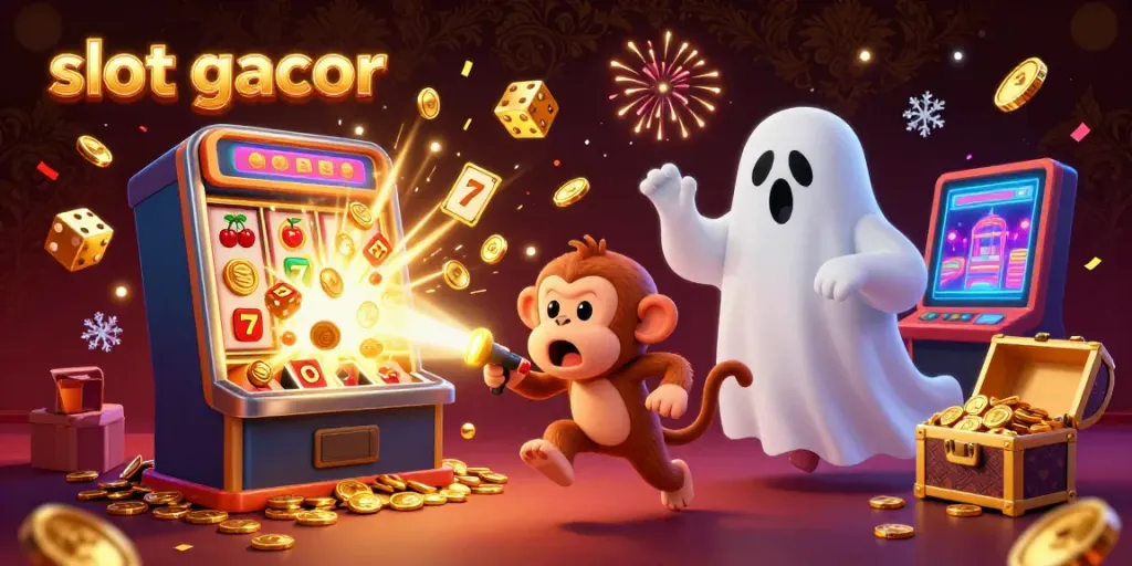 Experience slot gacor with a playful monkey and ghost-hunter puppy in a dynamic casino scene.