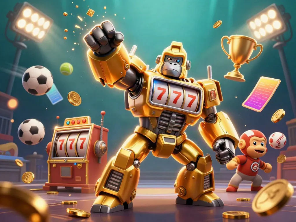 Experience thrilling gameplay at Hit club with a dynamic scene of a golden gorilla mech surrounded by exciting sports elements.