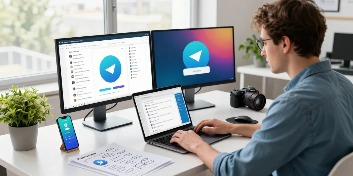 Utilizing Telegram Web Version in a modern workspace with vibrant tech elements.