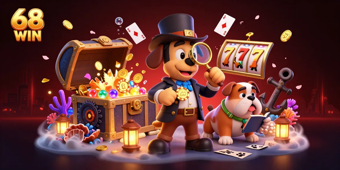 Join the adventure with 68 WIN as a detective finds poker treasures amid colorful gaming elements.