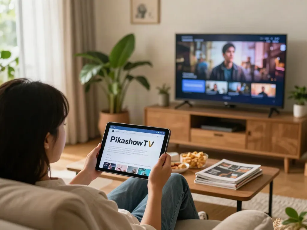 PikashowTV streaming scene with a user enjoying movies on a tablet in a cozy living room.