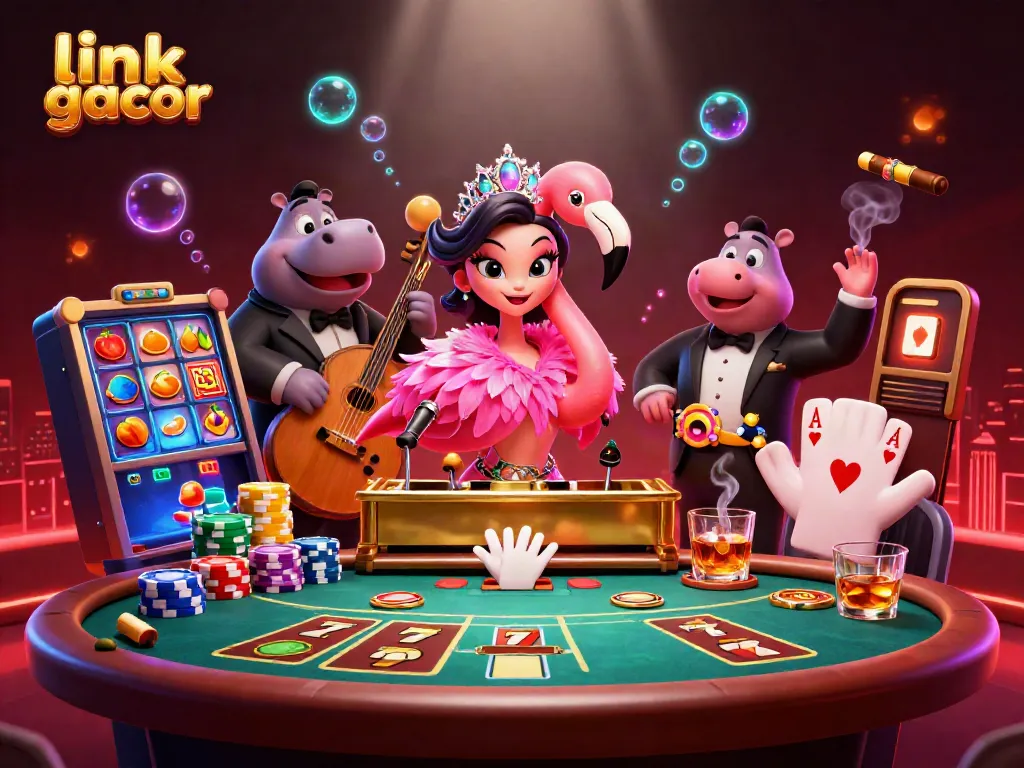 Join the fun at link gacor online casino with colorful slot elements, a lively flamingo singer, and a tuxedoed hippo bassist.
