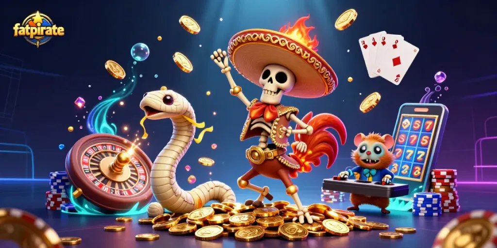Experience fun and excitement with fatpirate in this vibrant casino scene filled with games and wins.