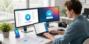 Utilizing Telegram Web Version in a modern workspace with vibrant tech elements.