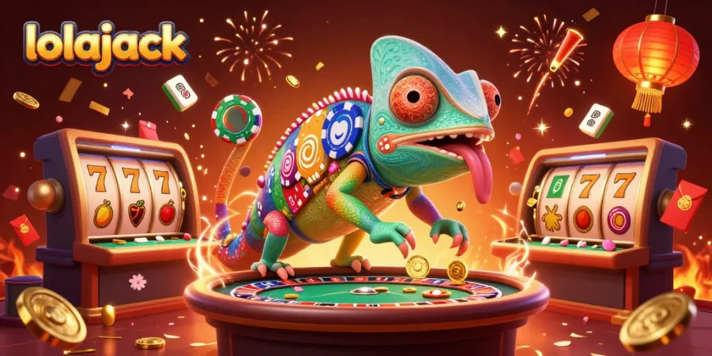 Experience thrilling action at lolajack casino with vibrant reels, golden coins, and festive elements.