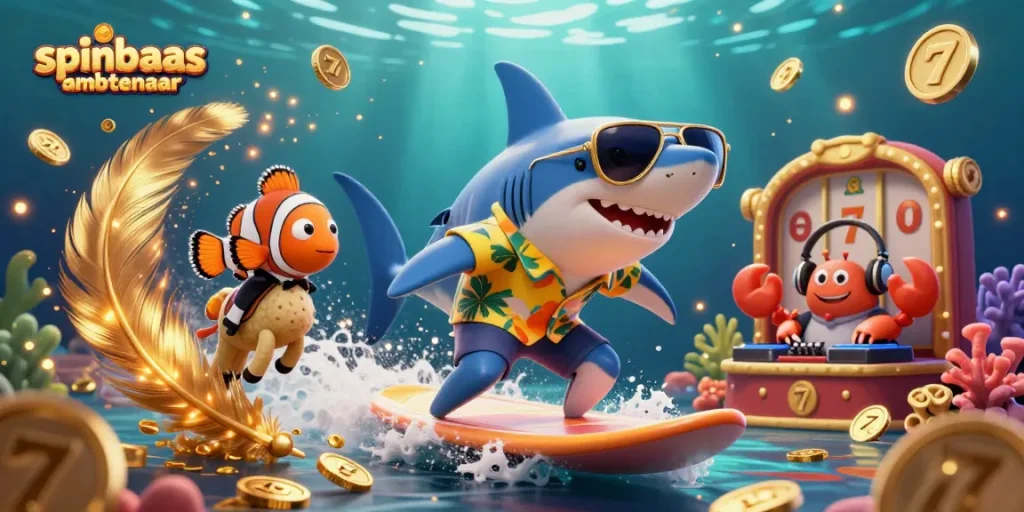 Engage with spinbaas ambtenaar through a vibrant 3D casino illustration featuring a hammer-head shark surfing on gold coins.