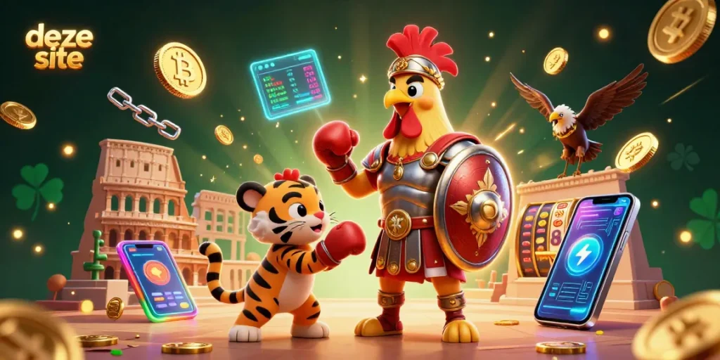 Experience the thrill of this site with a vibrant casino-themed 3D illustration showcasing characters amidst slot and crypto elements.
