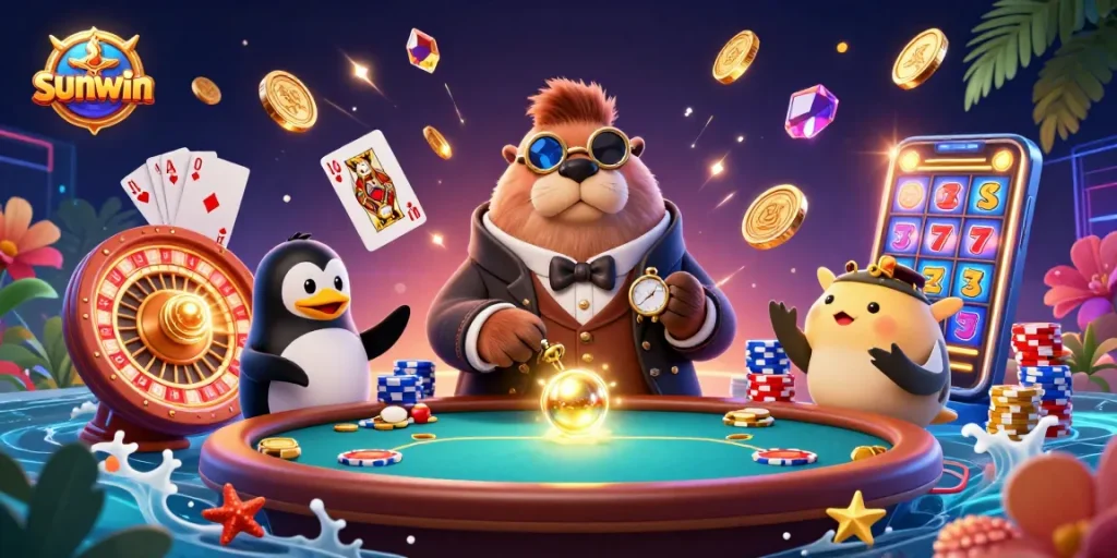 Experience exciting gaming at Sunwin with a jolly walrus and card-playing sea creatures.