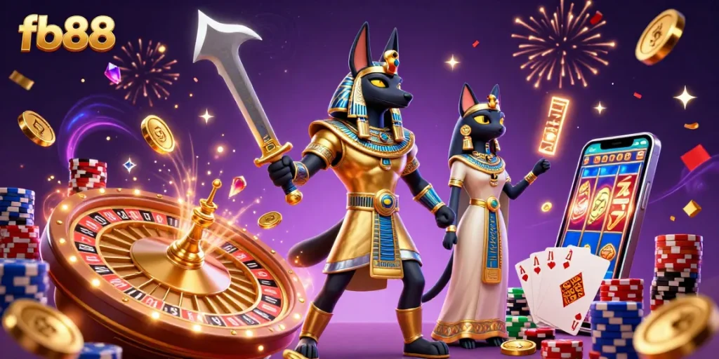 Experience excitement at fb88 with vibrant 3D illustrations of Anubis and Bastet surrounded by casino elements.
