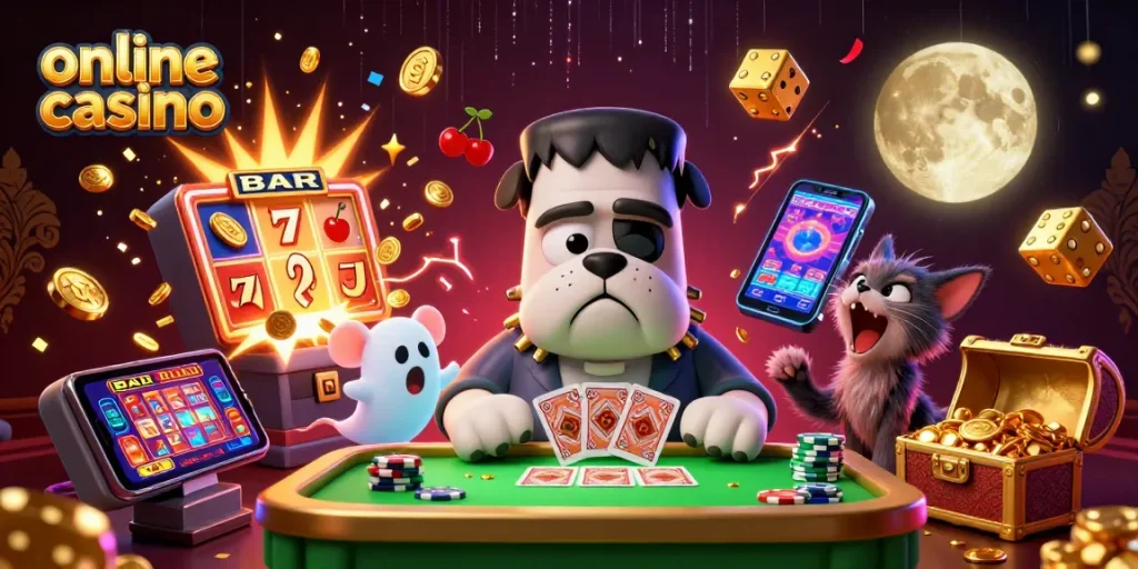 Win big at the online casino with lively characters dealing cards and a jackpot explosion.