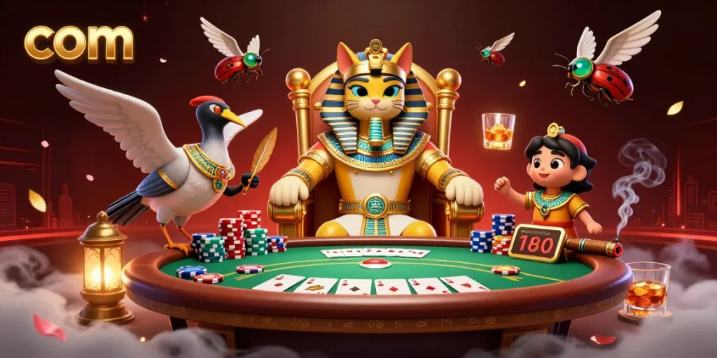 Win at com with this vibrant illustration of a pharaoh cat and scribe at a poker table, capturing the casino atmosphere.