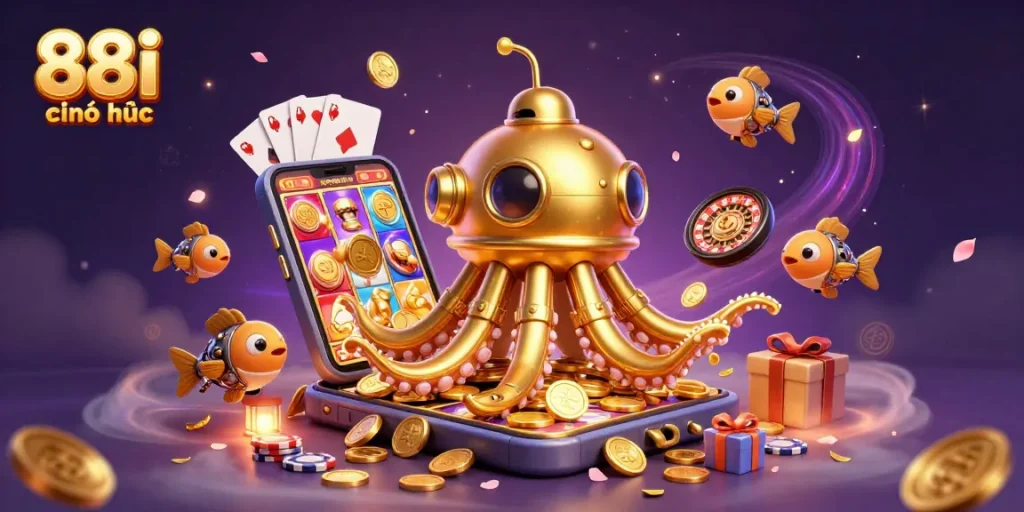 Experience the thrill with 88i chính thức as the golden kraken submarine rises amidst golden coins and dynamic slot games.
