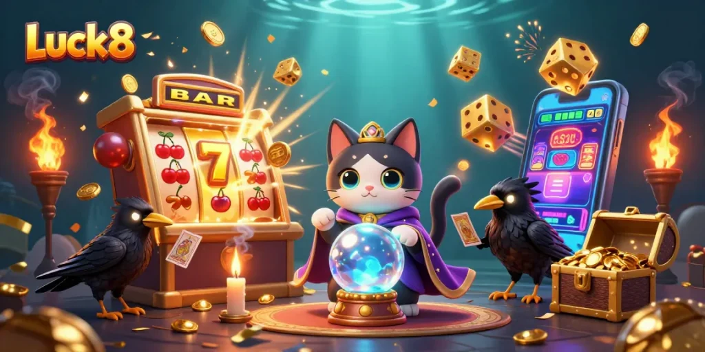 Luck8's vibrant illustration showcasing a fortune teller cat, raven, and dynamic slot machine elements.
