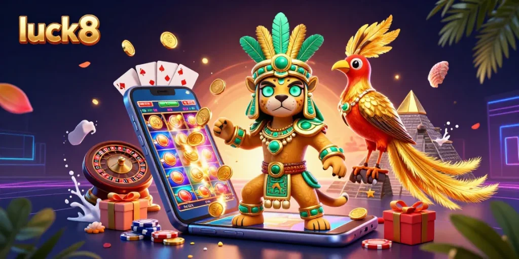 Experience luck8 with vibrant slots and dynamic gaming elements, showcasing an engaging 3D casino scene.