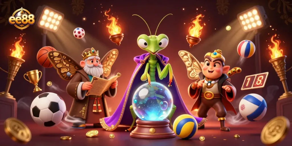 Experience thrilling gameplay at ee88 with sports elements and mystical characters in this vibrant casino scene.