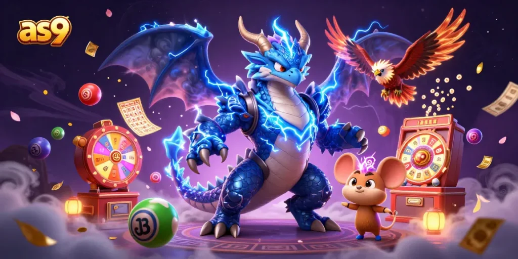 Engage with as9's thrilling lottery experience featuring a vibrant, energetic casino scene.