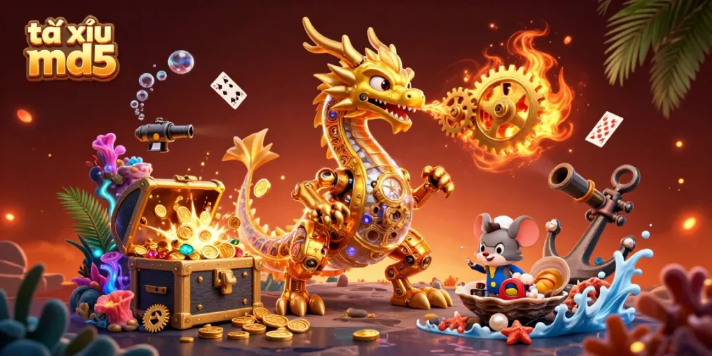 Engage with tài xỉu md5 in a vibrant casino scene featuring a golden dragon and dynamic game elements.