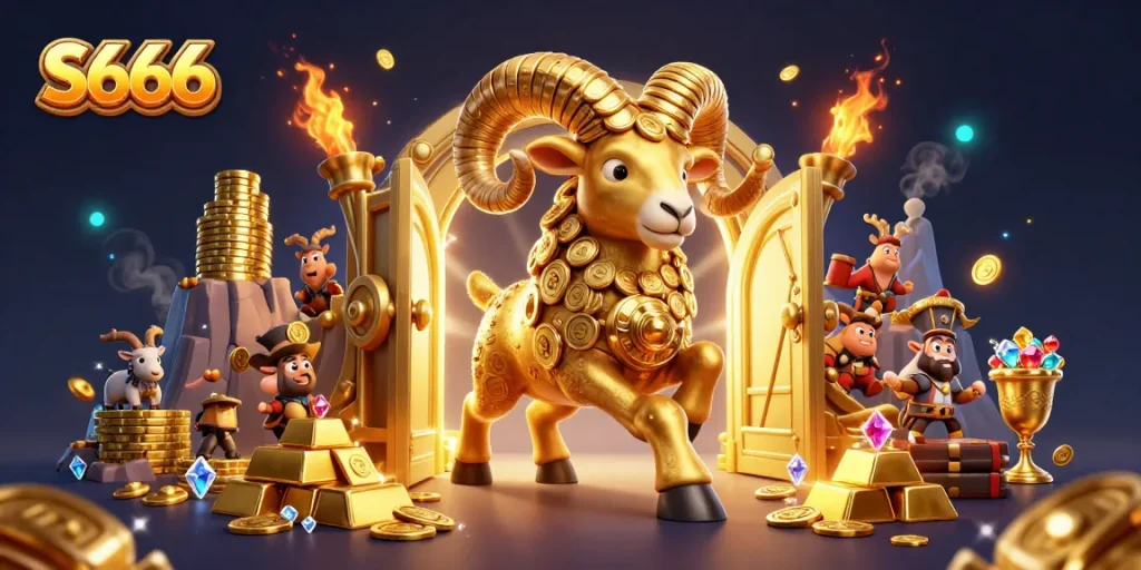 S666 gameplay showcases a massive golden ram charging through a treasure vault filled with riches