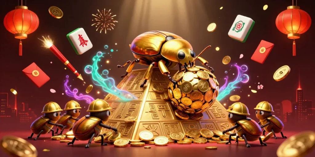 Experience the thrill of aureoncasino with a vibrant scene of golden beetles and dynamic casino elements.