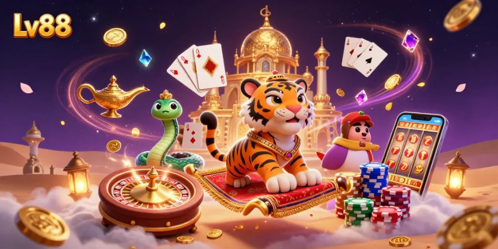 Experience thrilling gameplay at Lv88 with a vibrant scene of a 3D cartoon sultan on a flying carpet and casino elements.