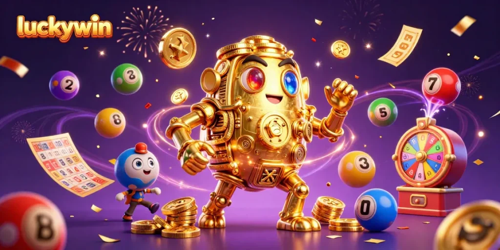 Engage with luckywin in a vibrant 3D casino scene showcasing a golden golem and dynamic lottery elements.