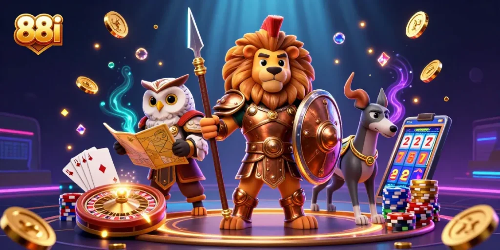 88i ignites excitement with a Spartan lion, owl strategist, and greyhound in 3D casino scene