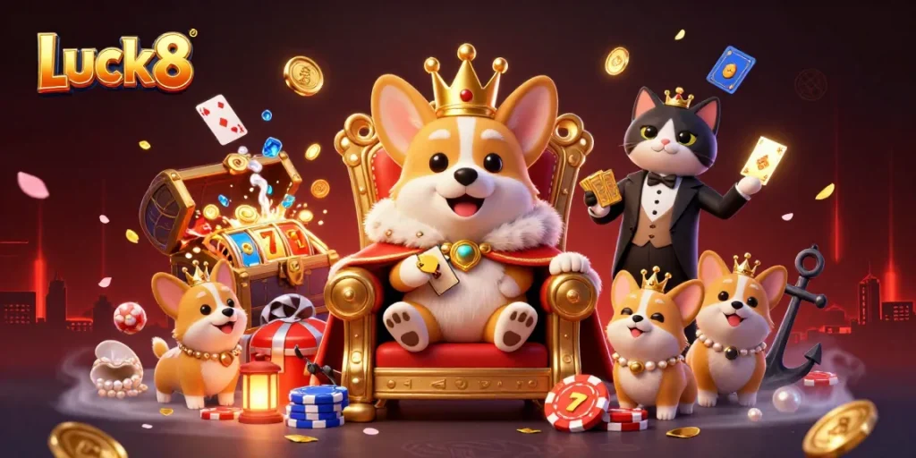 Luck8's vibrant casino scene features a royal corgi on a poker chip throne, surrounded by treasures and gaming elements.