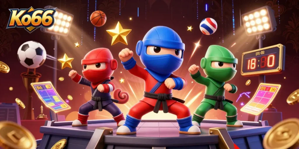 Ko66 ninja chameleons highlight dynamic sports betting action with golden trophies and vibrant game elements.
